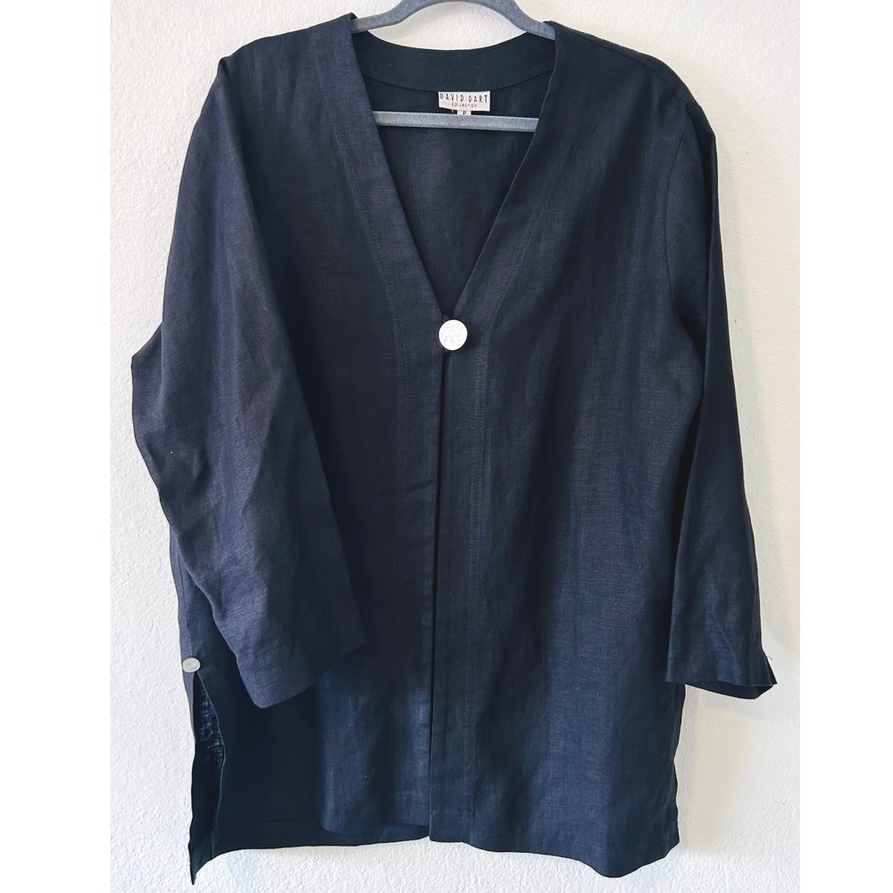David Dart Collection Black Lagenlook 100% Linen V-Neck Button Tunic Top SZ P